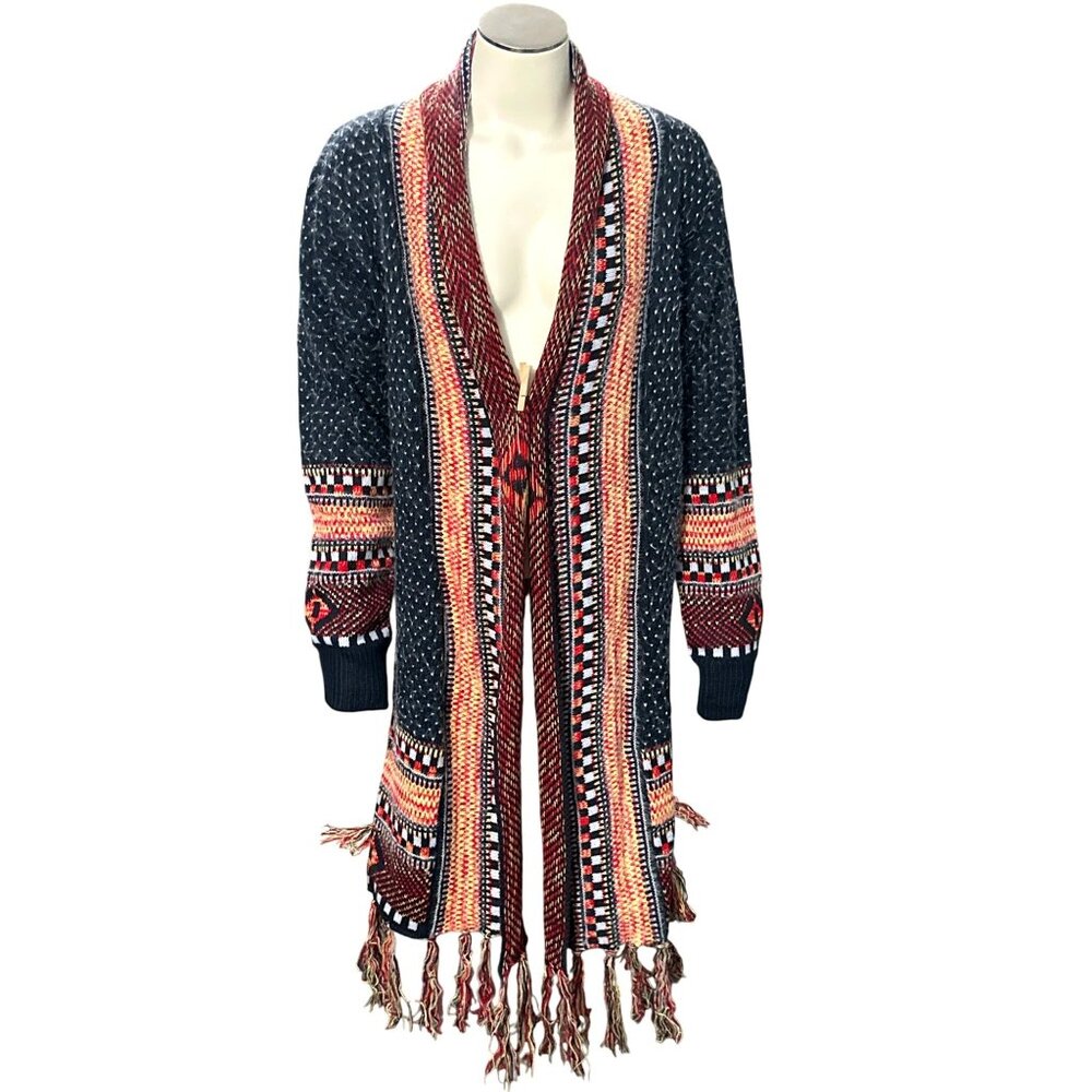 CCC Bohemian Aztec Tribal Print Knit Cardigan Fringe Multicolor Pattern Sweater